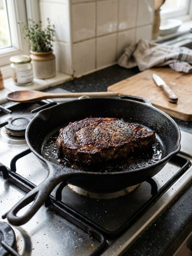 A seared steak resting in a cast iron skillet
