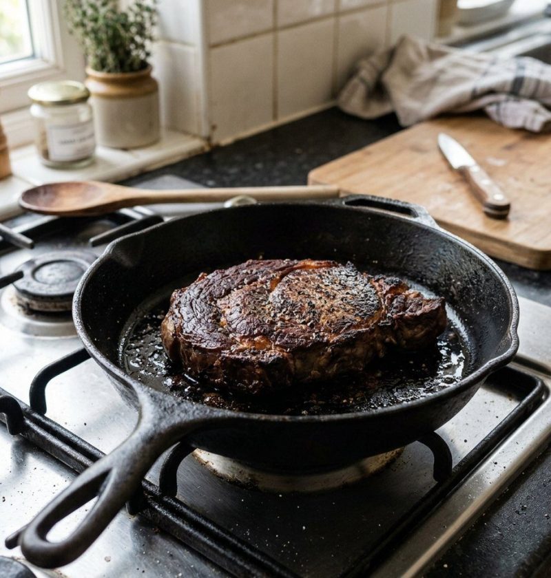 A seared steak resting in a cast iron skillet
