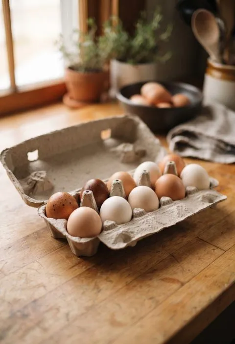 An open egg carton holding a mix of brown and white eggs