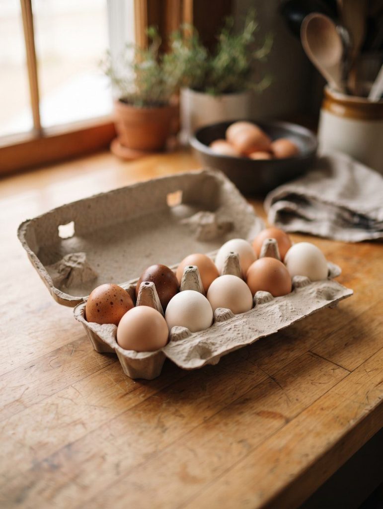 An open egg carton holding a mix of brown and white eggs