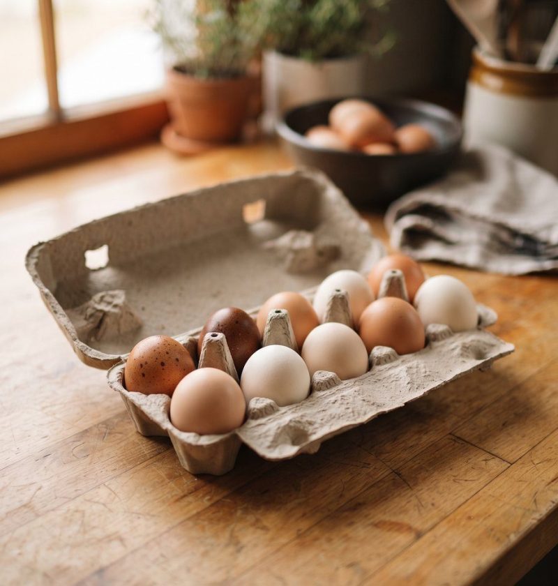 An open egg carton holding a mix of brown and white eggs