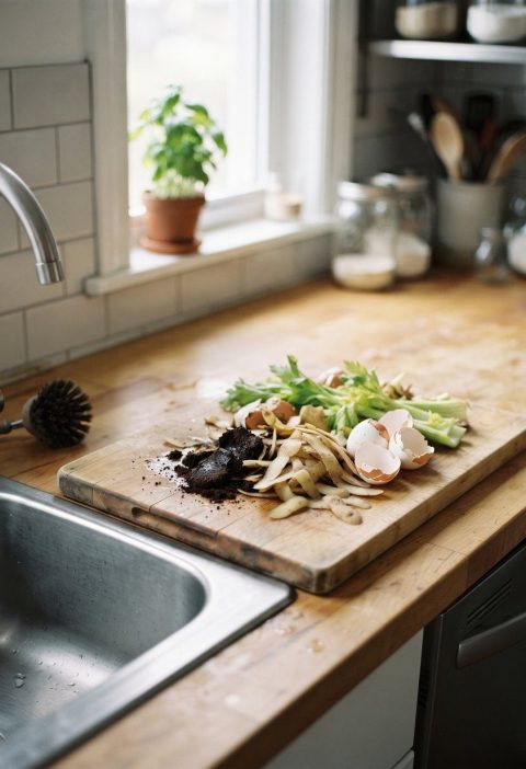 Coffee grounds, peelings and eggshells beside a kitchen sink