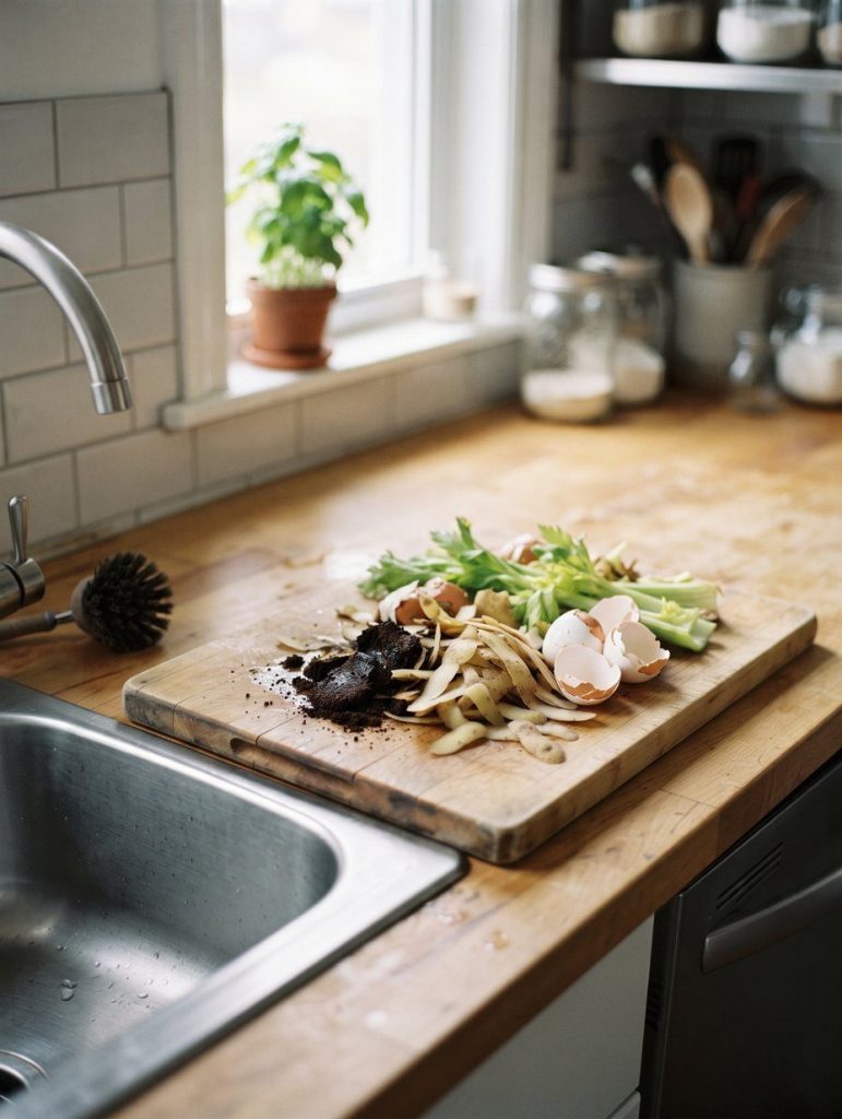 Coffee grounds, peelings and eggshells beside a kitchen sink
