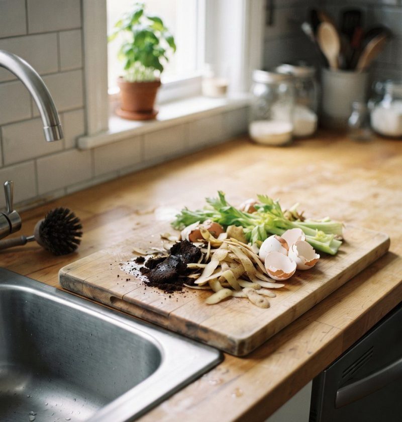 Coffee grounds, peelings and eggshells beside a kitchen sink