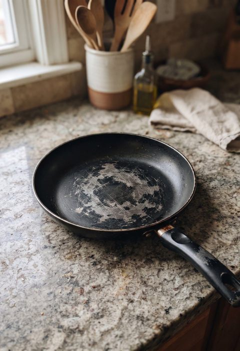 A non-stick pan with the coating scratched and worn away
