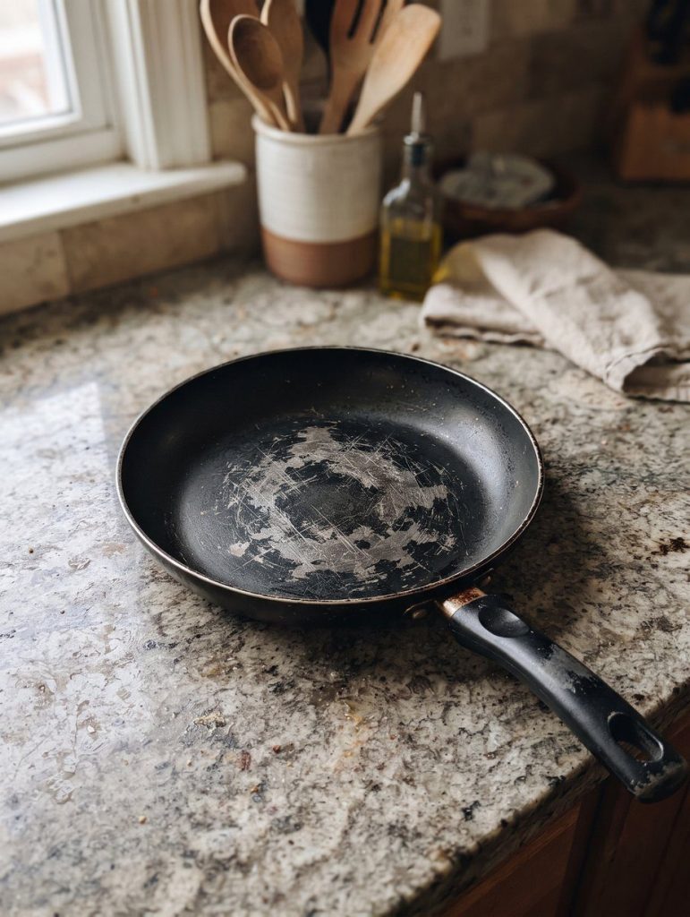 A non-stick pan with the coating scratched and worn away
