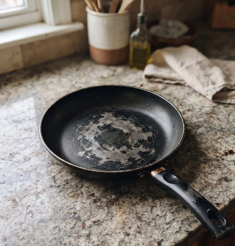 A non-stick pan with the coating scratched and worn away