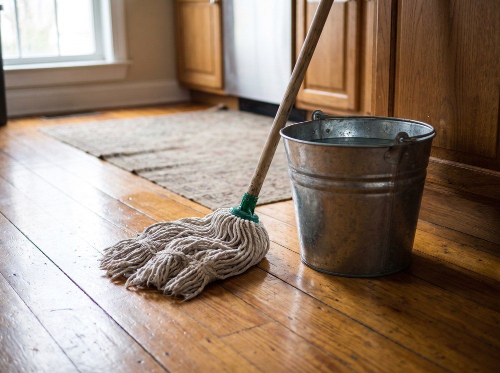 A hardwood floor with a mop and bucket
