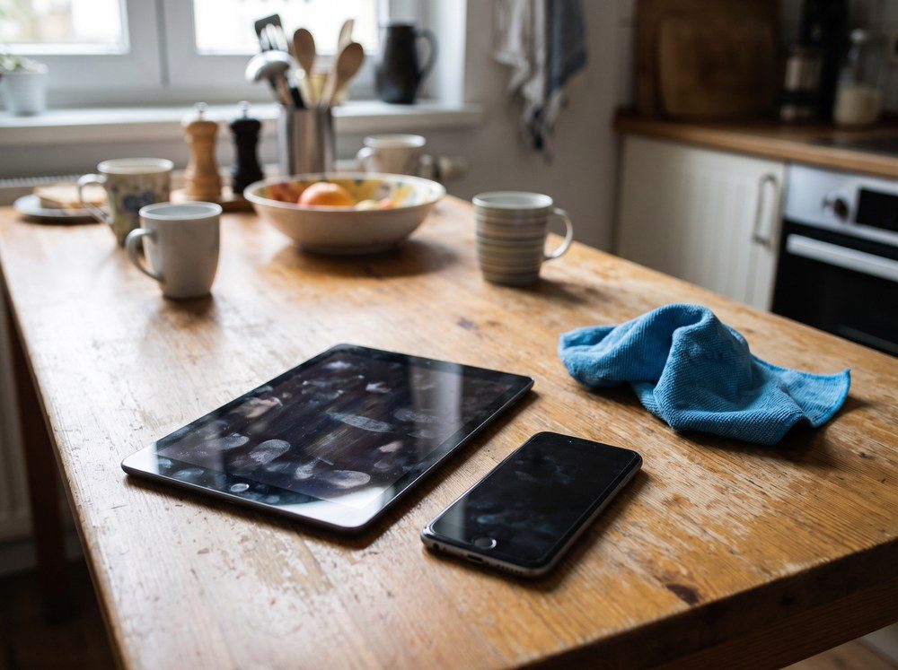A tablet and phone covered in fingerprints beside a cloth