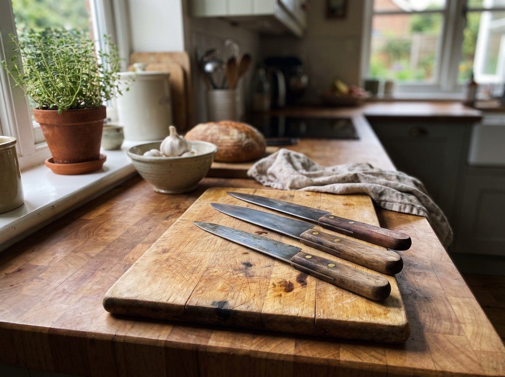 Kitchen knives with wooden handles on a board