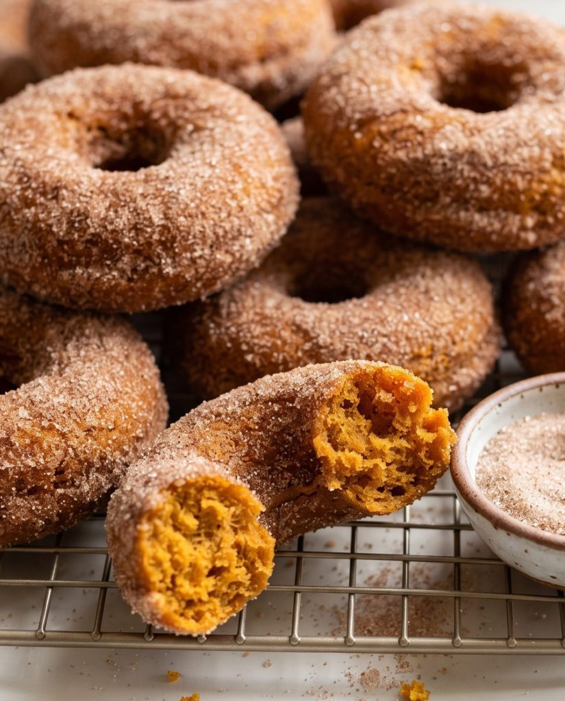 Baked pumpkin donuts rolled in cinnamon sugar