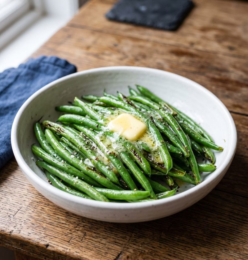 Bright green cooked green beans