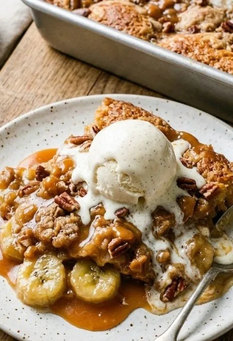 Banana toffee cobbler with ice cream