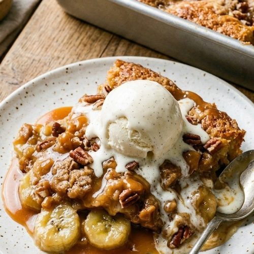 Banana toffee cobbler with ice cream