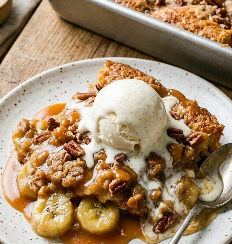 Banana toffee cobbler with ice cream