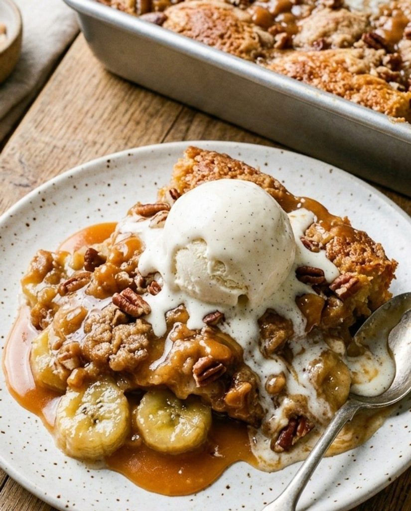 Banana toffee cobbler with ice cream
