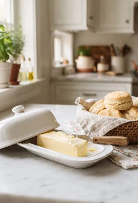 A covered butter dish on the kitchen counter
