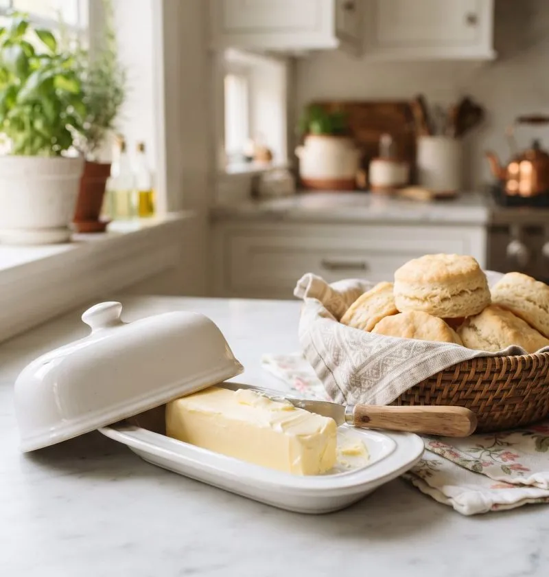 A covered butter dish on the kitchen counter