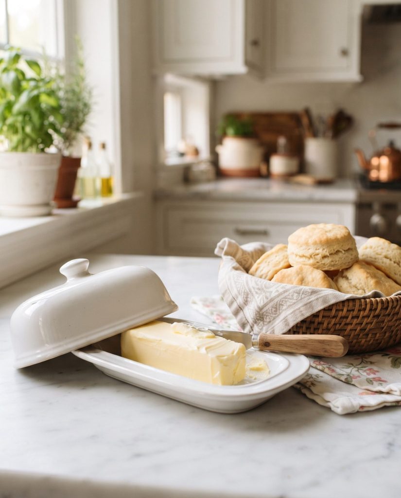 A covered butter dish on the kitchen counter