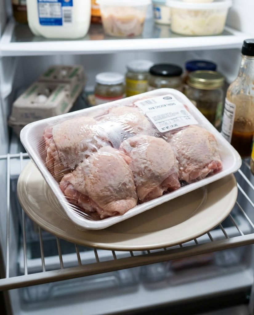 Meat thawing in the fridge