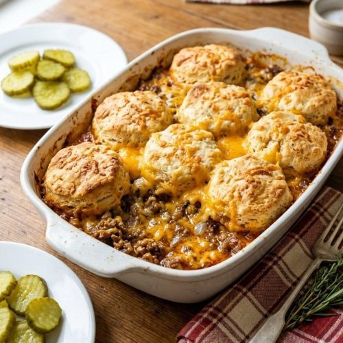 Cheeseburger biscuit cobbler