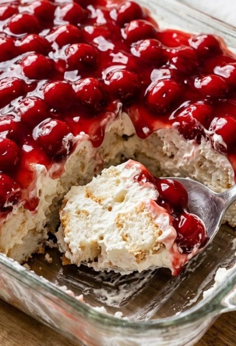 Cherries in the Snow dessert in a glass dish