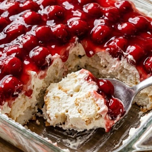 Cherries in the Snow dessert in a glass dish