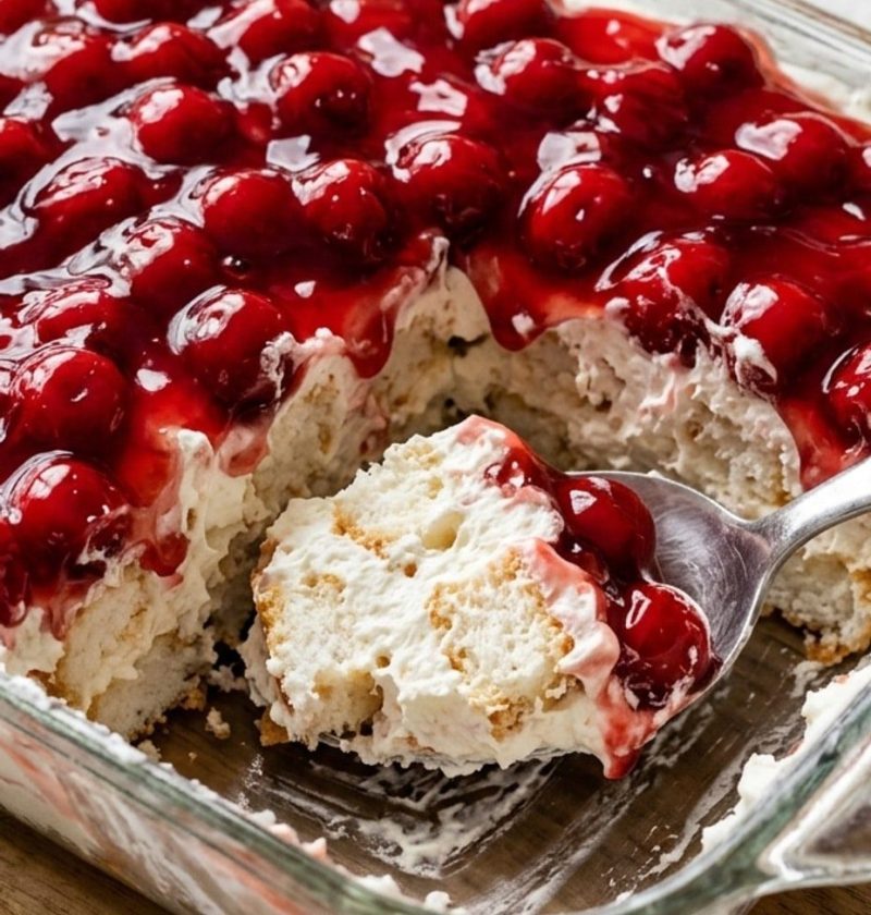 Cherries in the Snow dessert in a glass dish