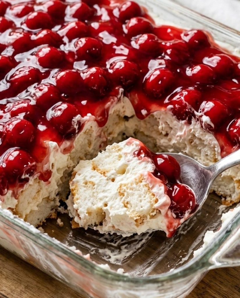 Cherries in the Snow dessert in a glass dish
