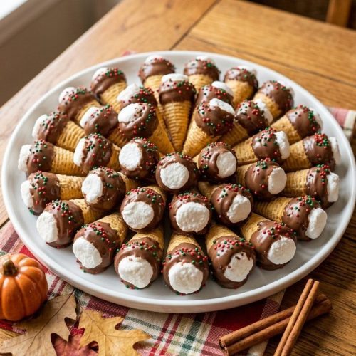 Chocolate-dipped marshmallow Bugles