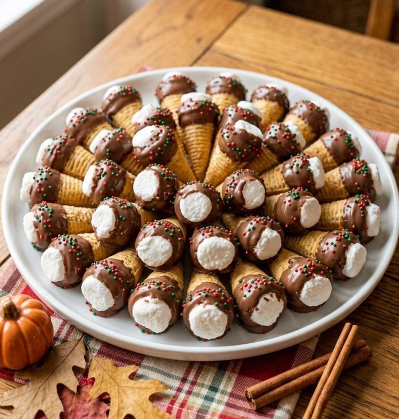 Chocolate-dipped marshmallow Bugles