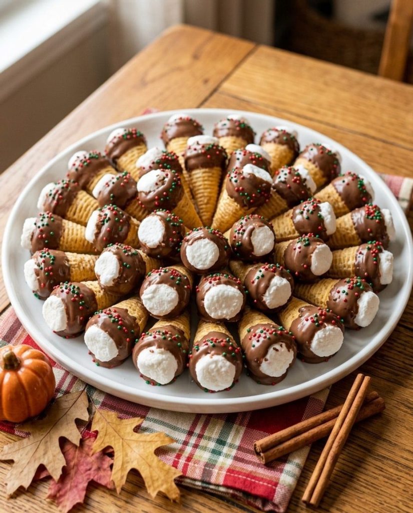 Chocolate-dipped marshmallow Bugles