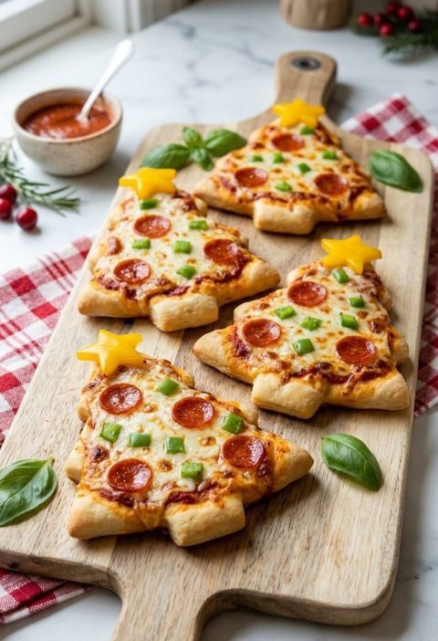 Christmas tree pizzas on a baking sheet