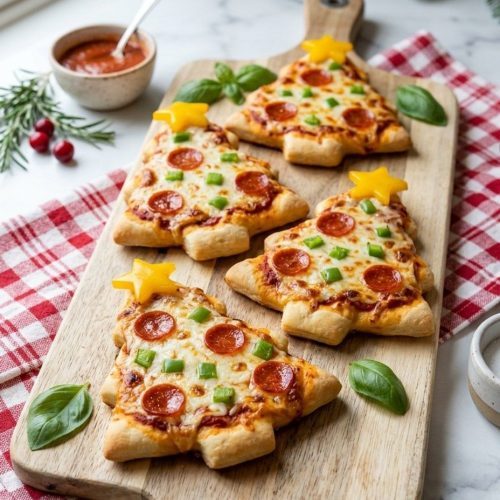 Christmas tree pizzas on a baking sheet