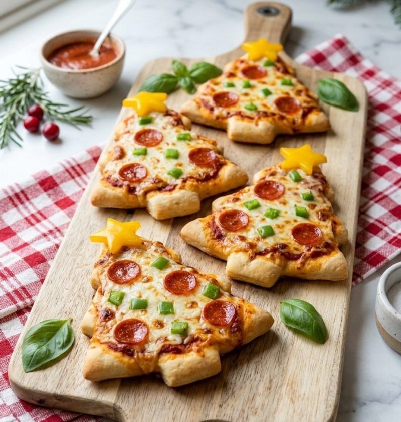 Christmas tree pizzas on a baking sheet