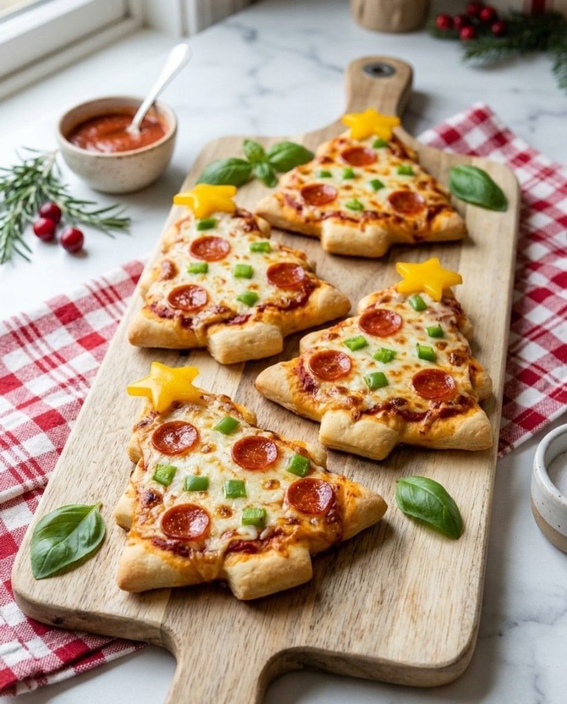 Christmas tree pizzas on a baking sheet