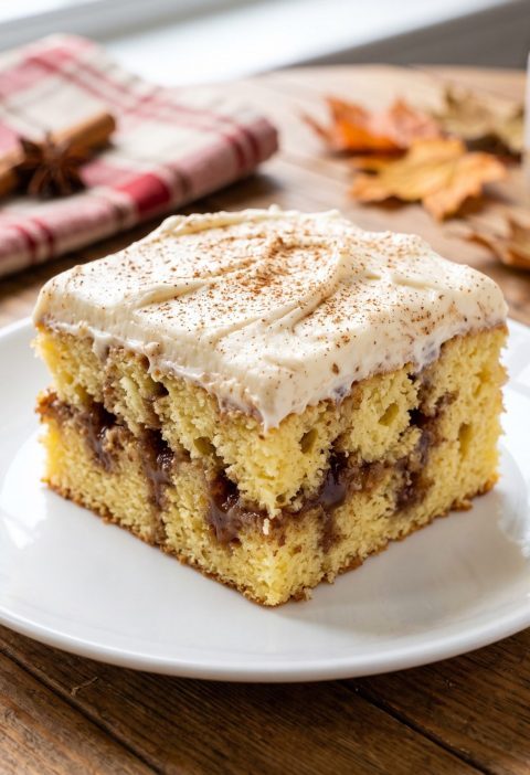 Cinnamon roll poke cake slice