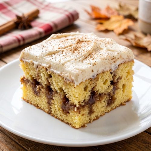 Cinnamon roll poke cake slice