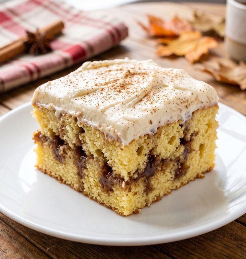 Cinnamon roll poke cake slice
