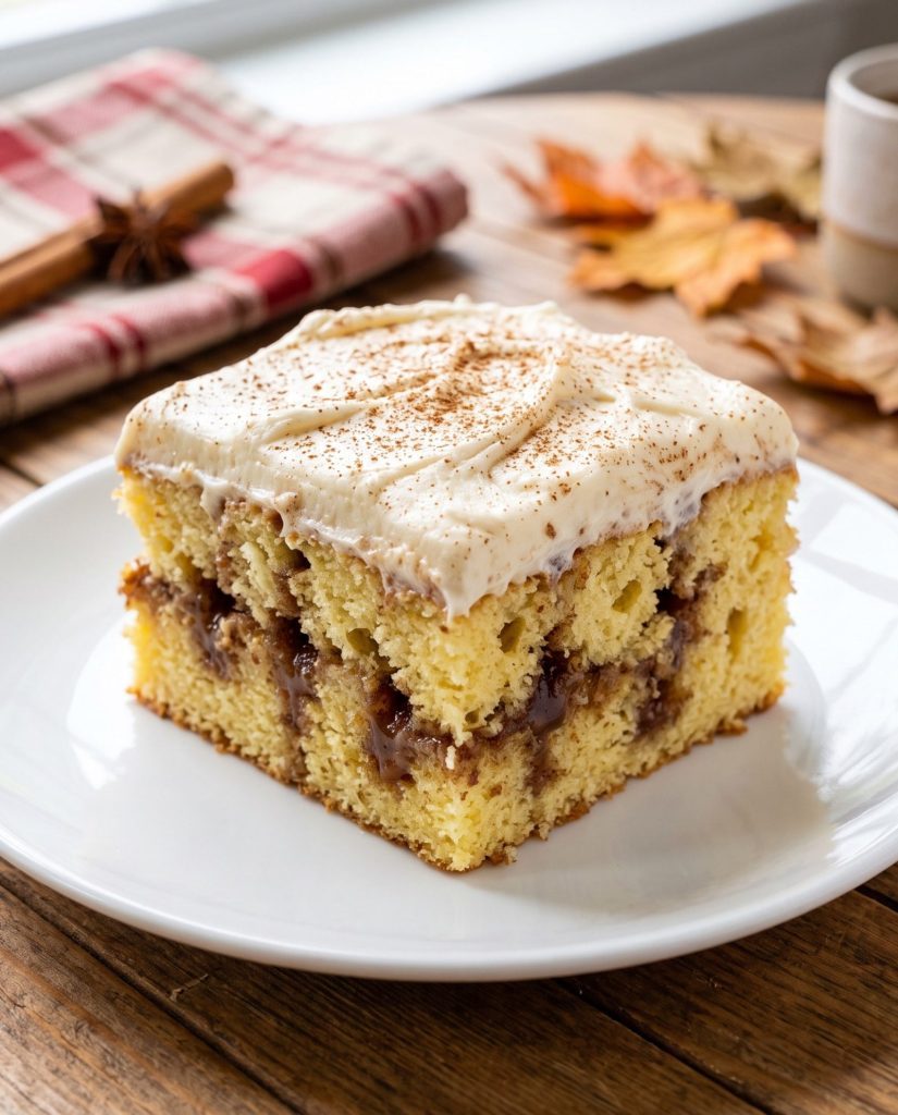 Cinnamon roll poke cake slice