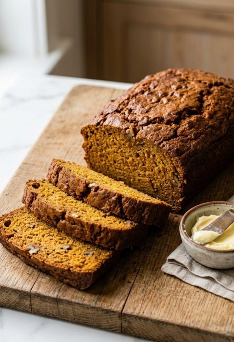 Classic pumpkin bread loaf with slices cut
