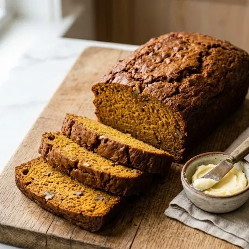Classic pumpkin bread loaf with slices cut