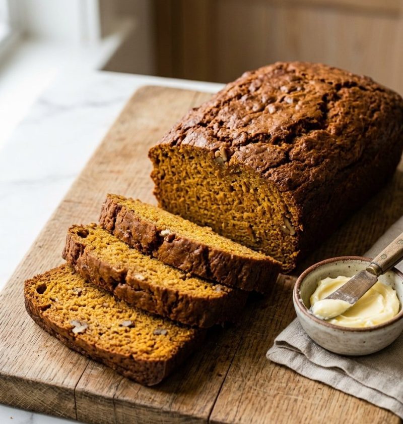 Classic pumpkin bread loaf with slices cut