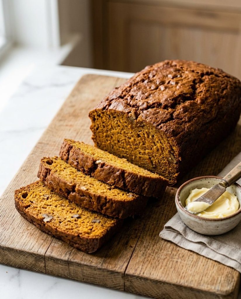 Classic pumpkin bread loaf with slices cut