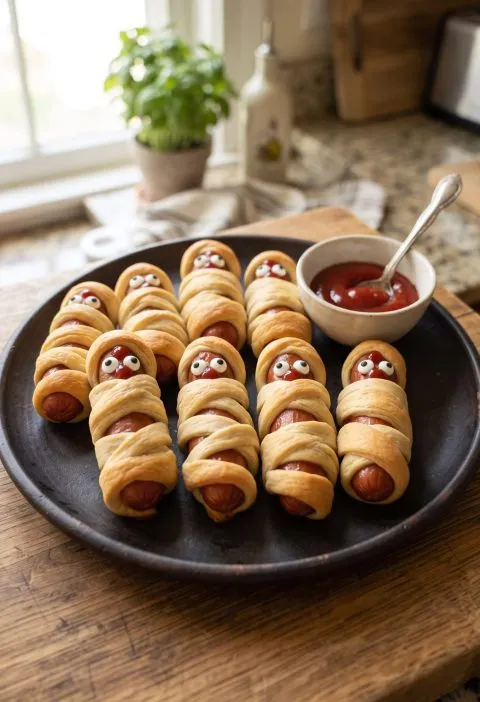 Crescent mummy hot dogs on a baking sheet with mustard eyes