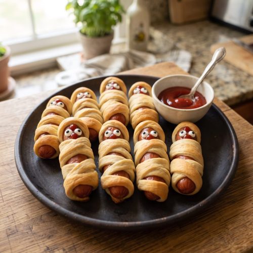 Crescent mummy hot dogs on a baking sheet with mustard eyes
