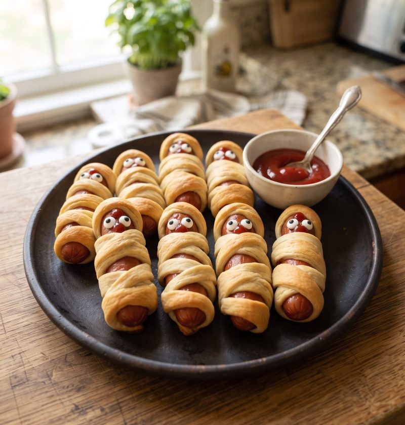 Crescent mummy hot dogs on a baking sheet with mustard eyes