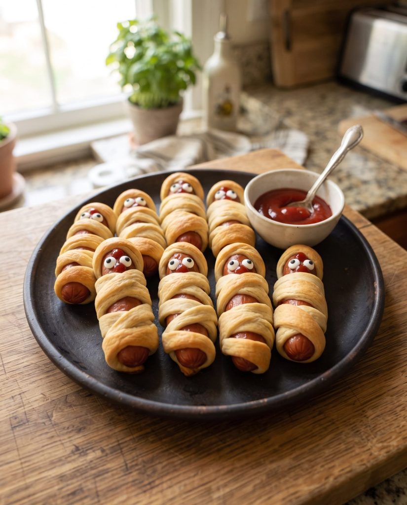 Crescent mummy hot dogs on a baking sheet with mustard eyes