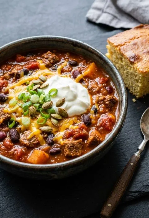 Crockpot pumpkin chili in a bowl