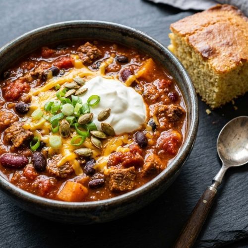 Crockpot pumpkin chili in a bowl